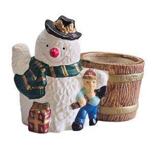 Vintage Snowman & Boy Ceramic Planter Figurine By Houston Harvest